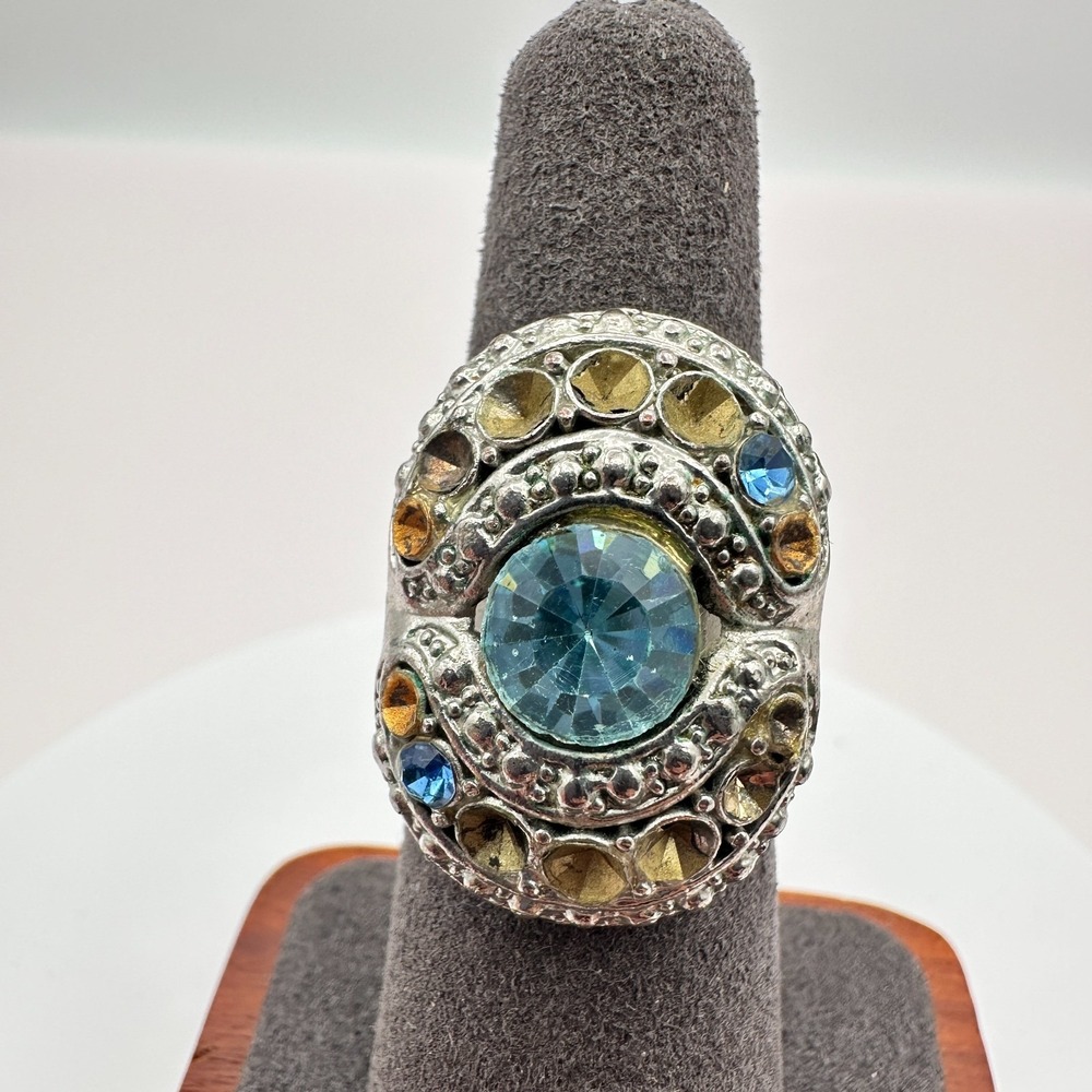 Vintage 90s Silver Tone Rhinestone Statement Ring - Boho Women's Jewelry